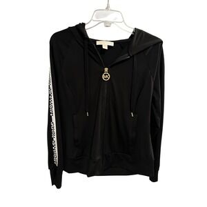 Michael Kors Mens Black Logo Tape Zip Up Hoodie Jacket Gold MK Zipper Size M